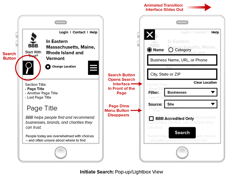 BBB mobile search wireframe