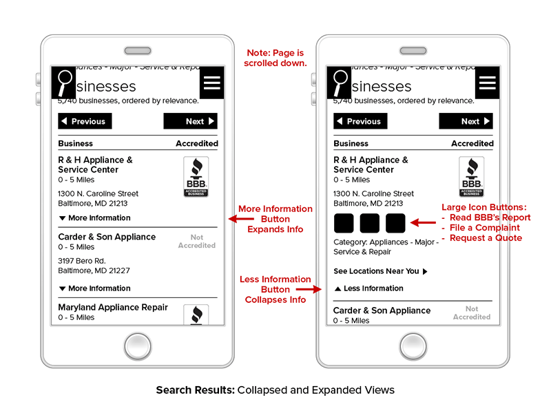 BBB mobile search results wireframe
